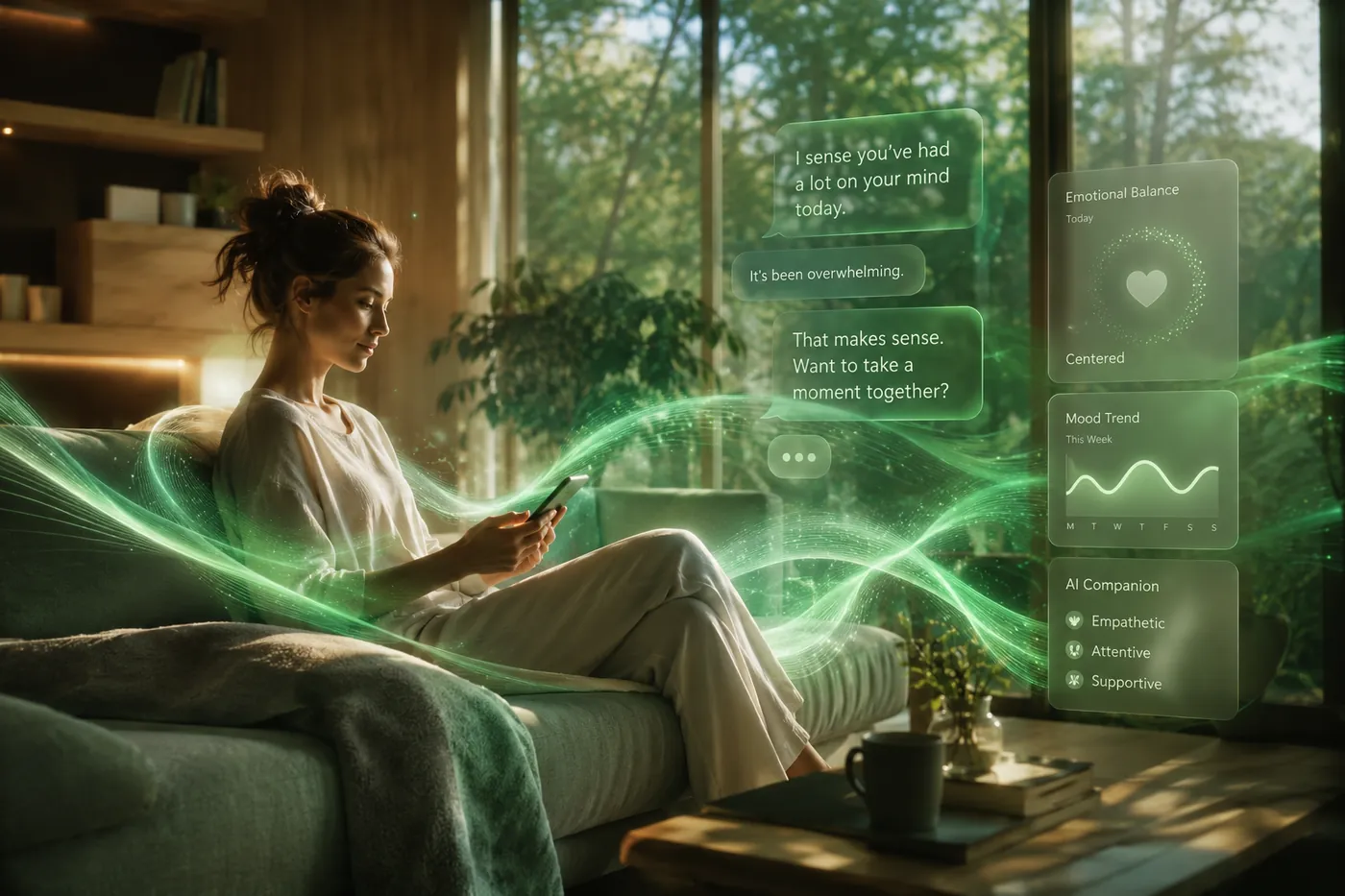 A woman relaxing on a sofa chatting with the Lumora AI companion, soft green light ribbons flowing around her with mood and chat cards floating nearby