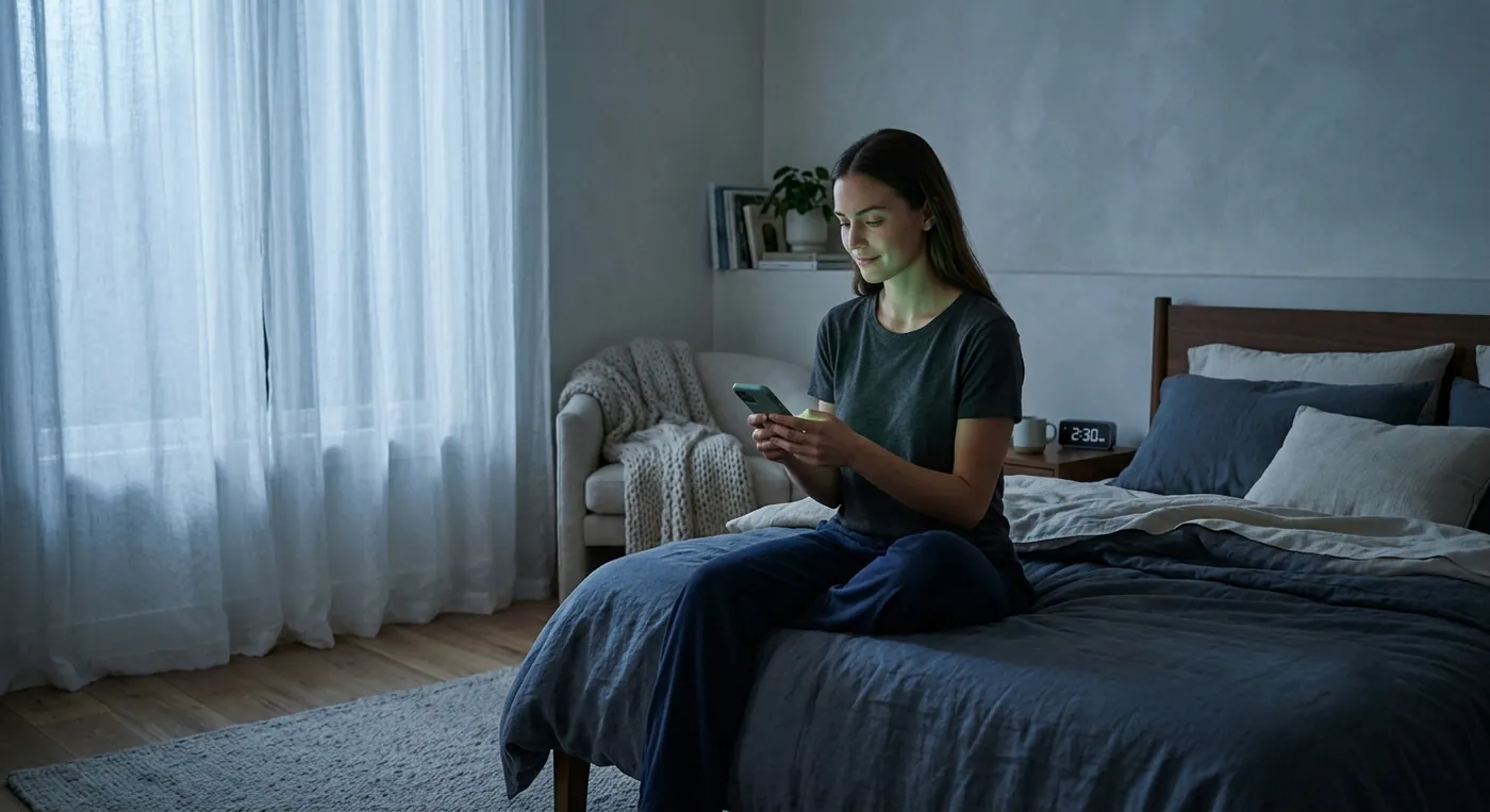 A woman sitting on her bed at night in a dim calm bedroom, her face gently lit by her phone at 2:30am