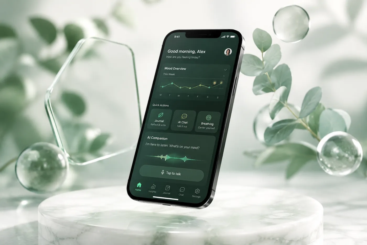 The Lumora mobile app on a floating phone — mood overview chart, journal and breathing quick actions, and the AI companion saying 'I'm here to listen'