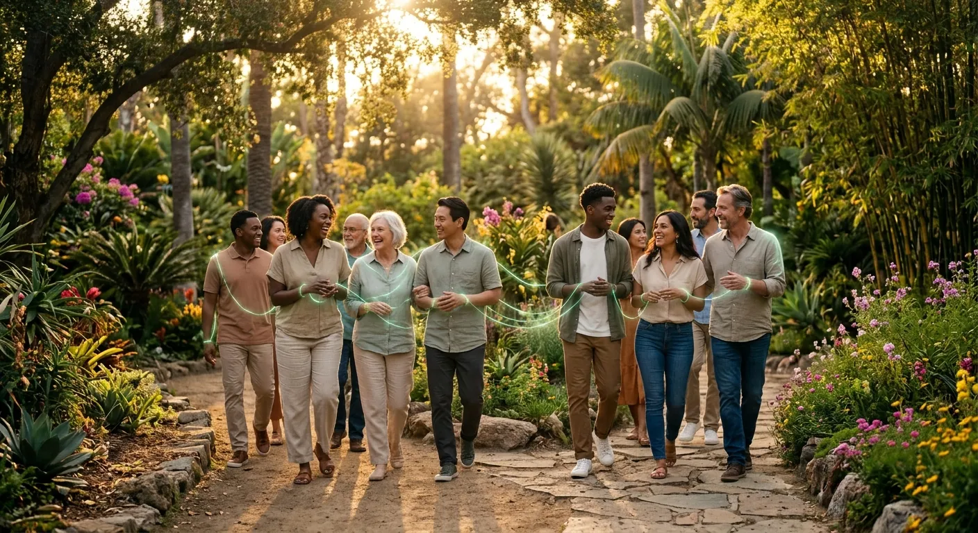 A diverse group of people walking together through a sunlit garden path, connected by a gentle thread of light