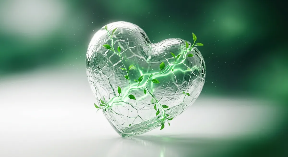 A glass heart with visible cracks being slowly rejoined by glowing green vines and new leaves
