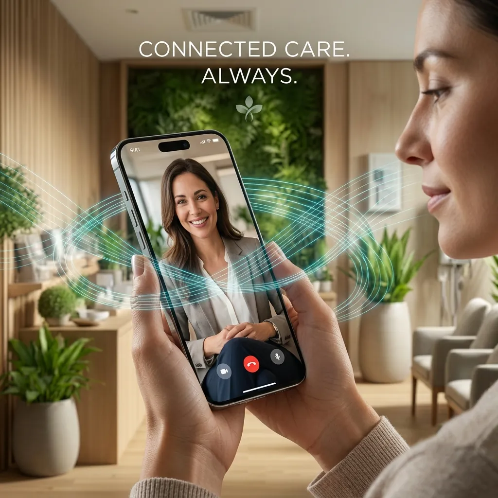 A woman on a video call with a warm, smiling licensed therapist — 'Connected care. Always.'