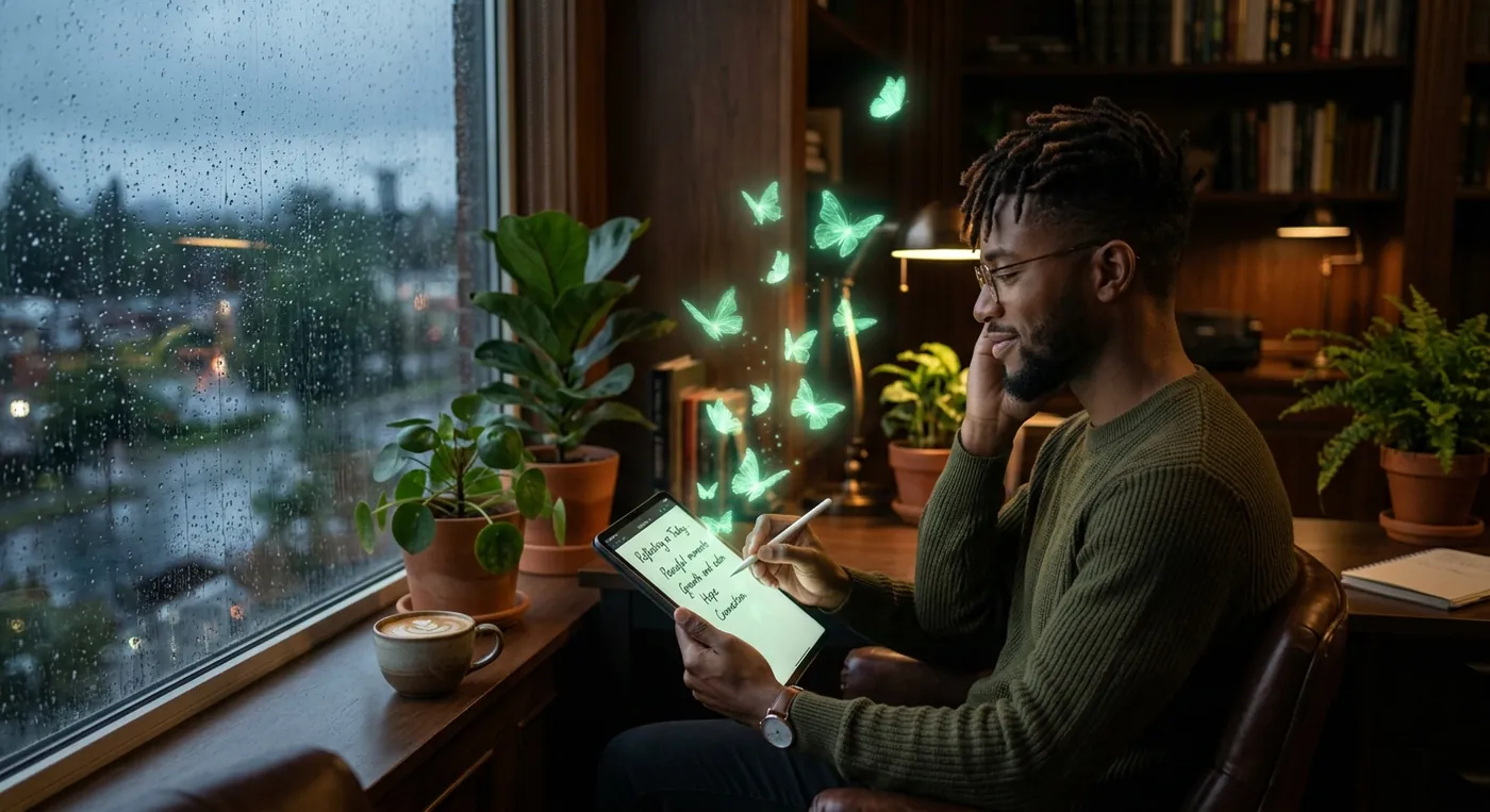 A man journaling on a tablet by a rainy evening window as luminous green butterflies rise from the page