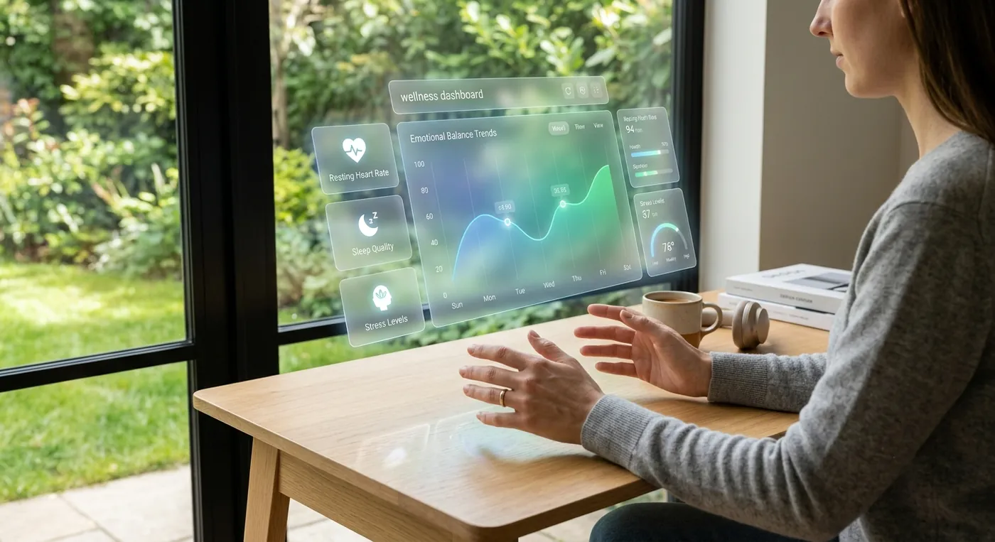A woman at a wooden desk viewing a translucent wellness dashboard showing emotional balance trends, sleep quality, and stress levels