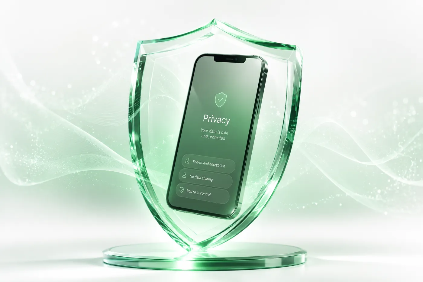 A smartphone showing Lumora's privacy screen — end-to-end encryption, no data sharing, you're in control — inside a glass shield